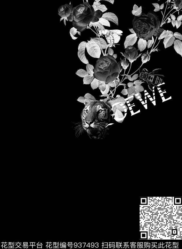 胸前独幅男装玫瑰花数码印花华亿平台下载（图片编号: 937493） - 瓦栏（Walan）