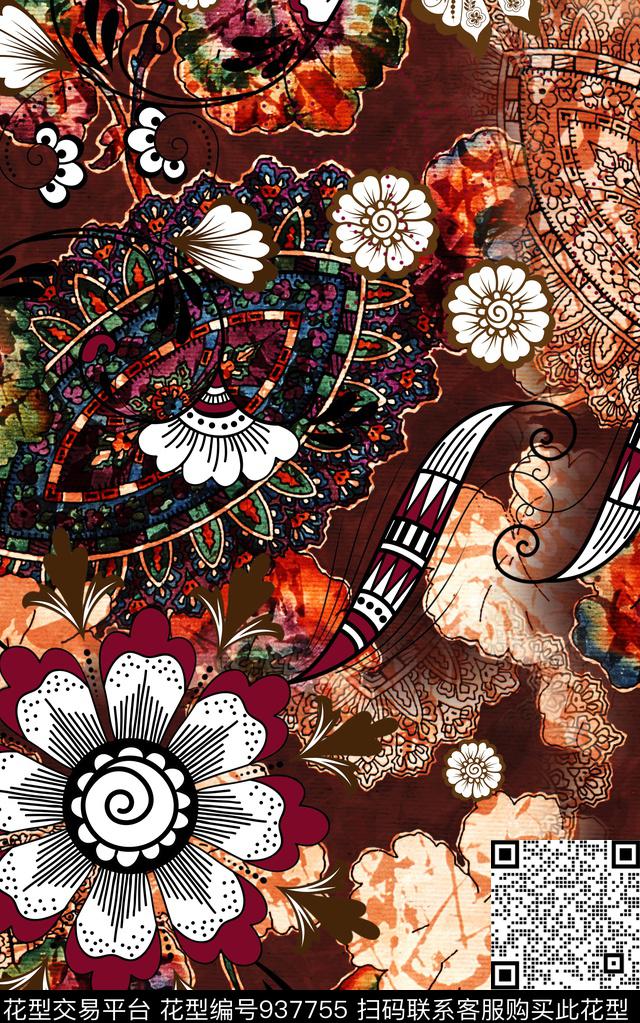 线条民族风花卉数码印花华亿平台下载（图片编号: 937755） - 瓦栏（Walan）