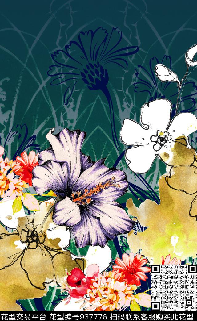线条花卉数码华亿平台民族风数码印花华亿平台下载（图片编号: 937776） - 瓦栏（Walan）
