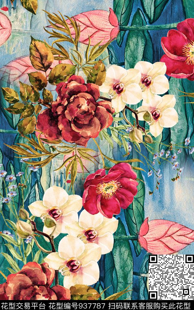 数码华亿平台花卉笔触数码印花华亿平台下载（图片编号: 937787） - 瓦栏（Walan）