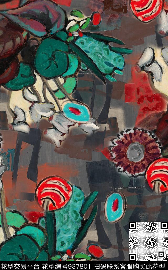 肌理抽象花卉油画华亿平台数码印花华亿平台下载（图片编号: 937801） - 瓦栏（Walan）