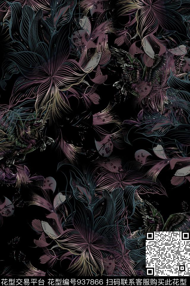 抽象男装花卉数码印花华亿平台下载（图片编号: 937866） - 瓦栏（Walan）