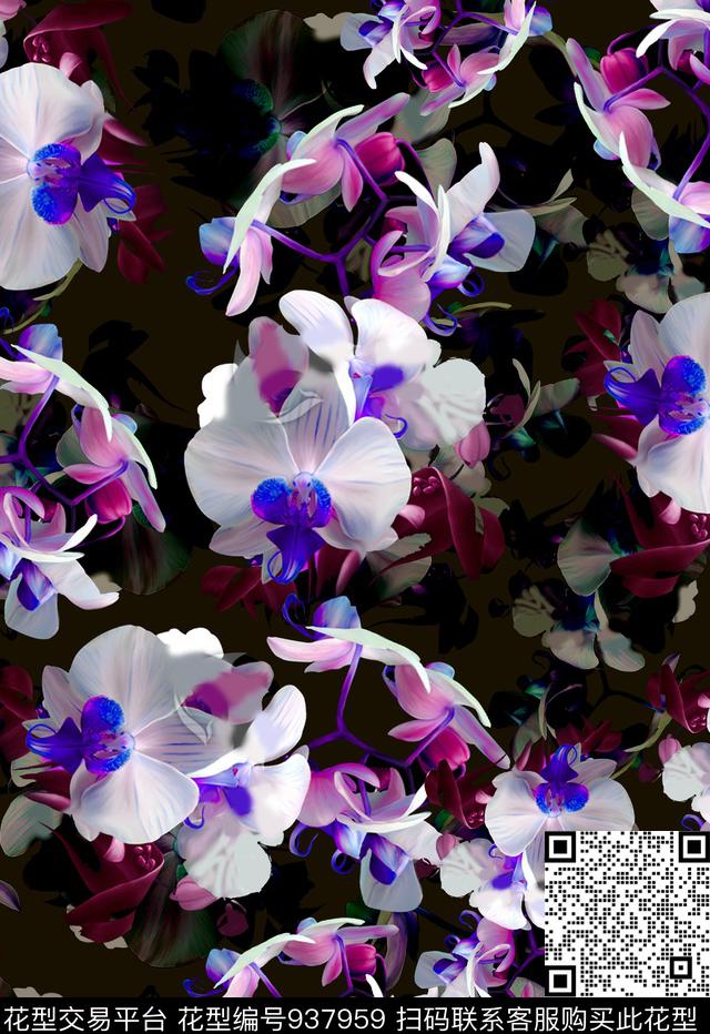 雪纺水彩花卉黑底花卉数码印花华亿平台下载（图片编号: 937959） - 瓦栏（Walan）