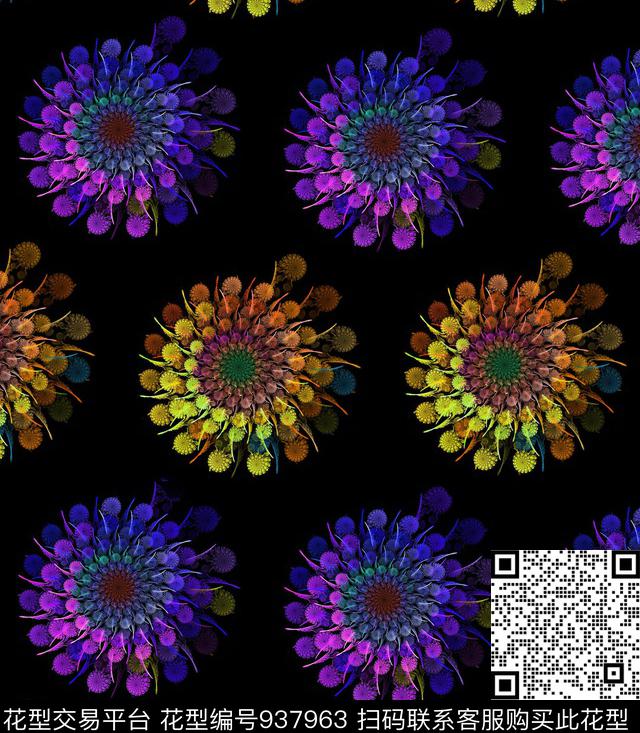 圆圈花卉黑底旋转大花蓝色妖姬数码印花华亿平台下载（图片编号: 937963） - 瓦栏（Walan）