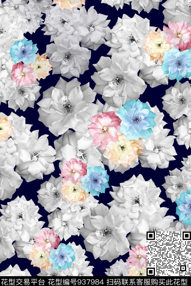 线条花卉水彩花卉炫彩数码印花华亿平台下载（图片编号: 937984） - 瓦栏（Walan）