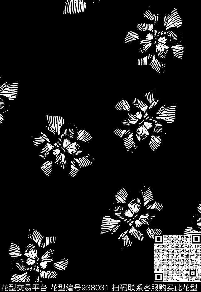 抽象花卉蝴蝶拔印传统印花华亿平台下载（图片编号: 938031） - 瓦栏（Walan）