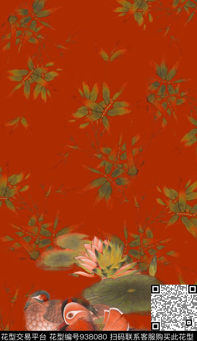 鸳鸯国画红绿数码印花华亿平台下载（图片编号: 938080） - 瓦栏（Walan）