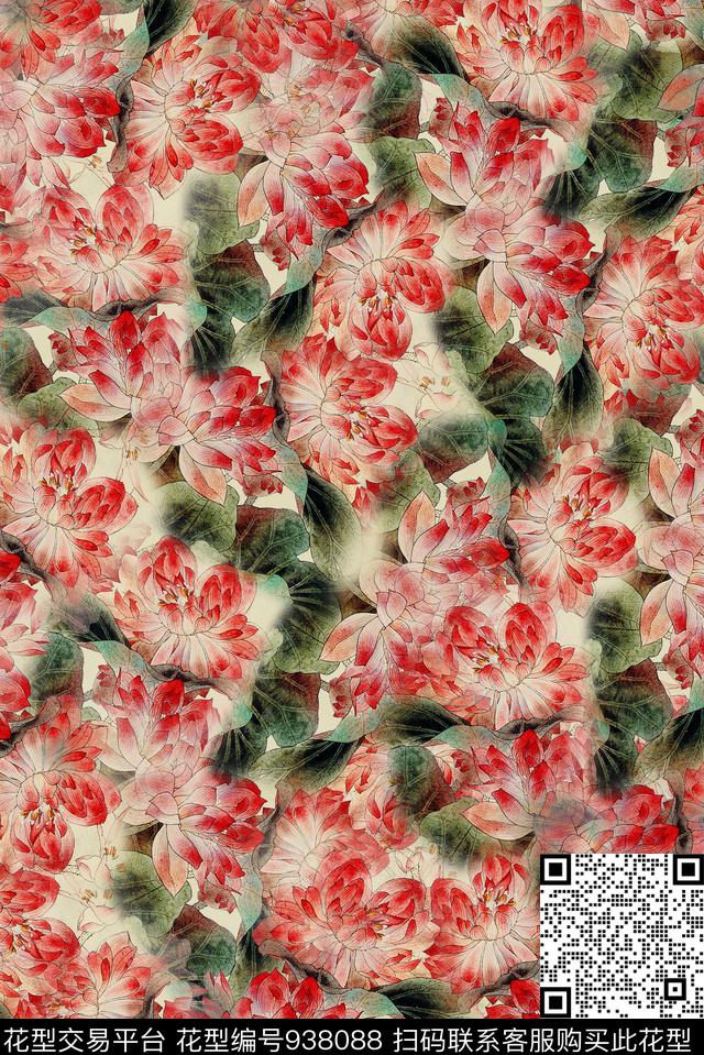 荷花满版散花中国风数码印花华亿平台下载（图片编号: 938088） - 瓦栏（Walan）
