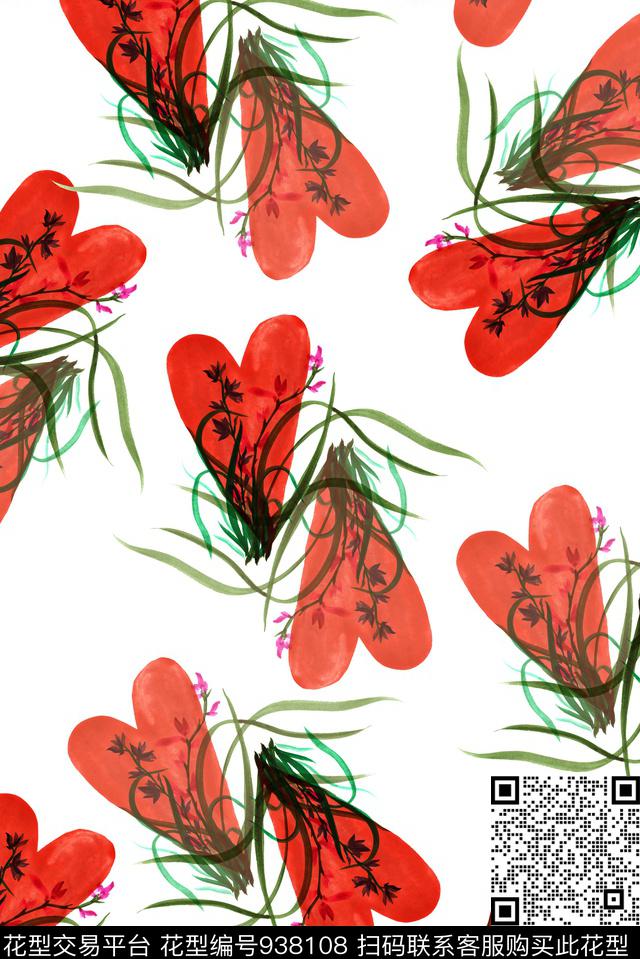 爱心花卉手绘花卉数码印花华亿平台下载（图片编号: 938108） - 瓦栏（Walan）