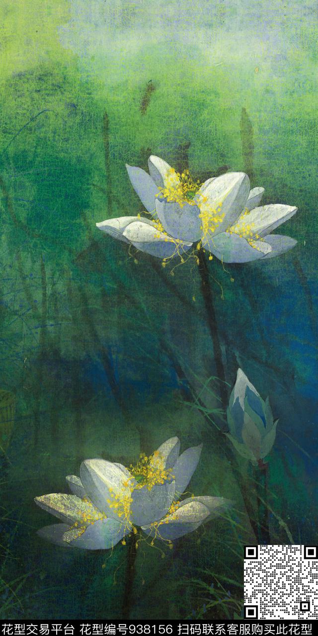 定位花荷花中国风数码印花华亿平台下载（图片编号: 938156） - 瓦栏（Walan）