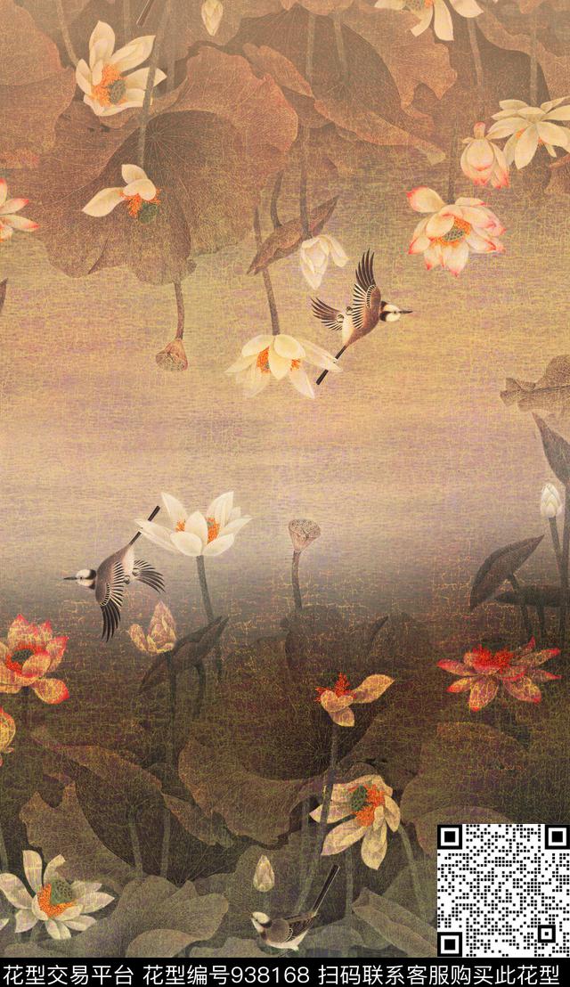 定位花荷花中国风数码印花华亿平台下载（图片编号: 938168） - 瓦栏（Walan）