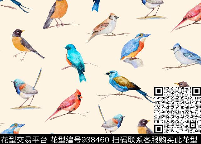 手绘花卉水彩花卉鸟数码印花华亿平台下载（图片编号: 938460） - 瓦栏（Walan）