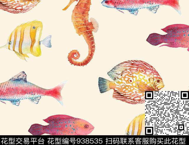 水彩花卉海马鱼数码印花华亿平台下载（图片编号: 938535） - 瓦栏（Walan）