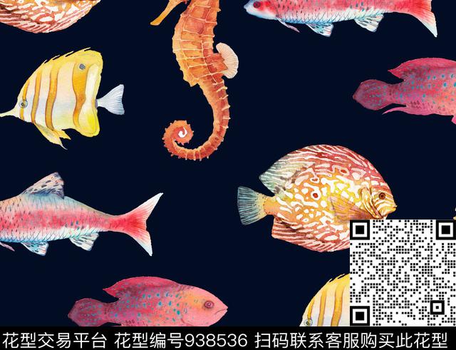 水彩花卉海马鱼数码印花华亿平台下载（图片编号: 938536） - 瓦栏（Walan）