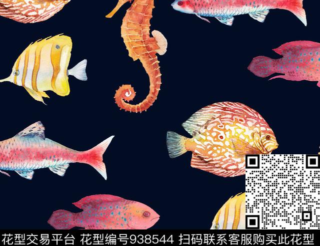 水彩花卉海马鱼数码印花华亿平台下载（图片编号: 938544） - 瓦栏（Walan）