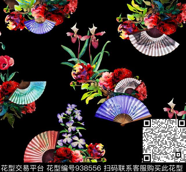 水彩花卉花卉扇子数码印花华亿平台下载（图片编号: 938556） - 瓦栏（Walan）