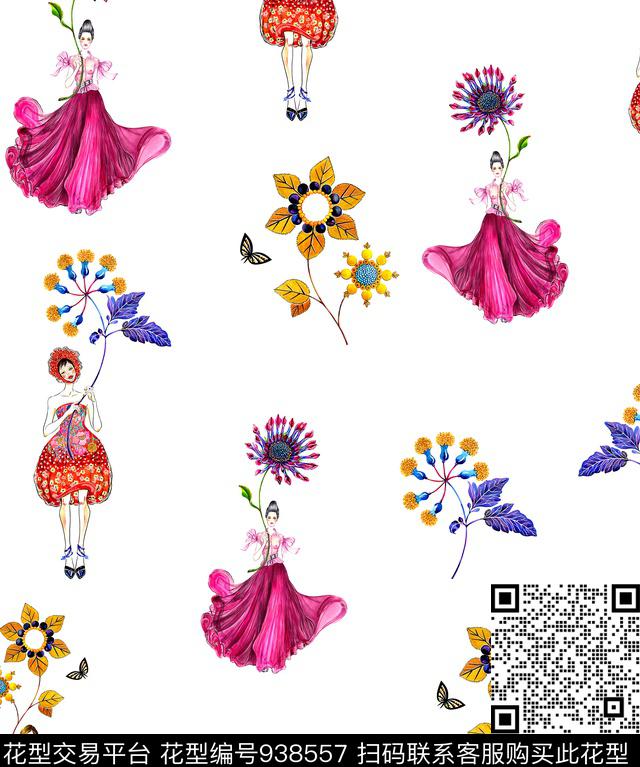 人物花卉抽象另类手绘花卉数码印花华亿平台下载（图片编号: 938557） - 瓦栏（Walan）