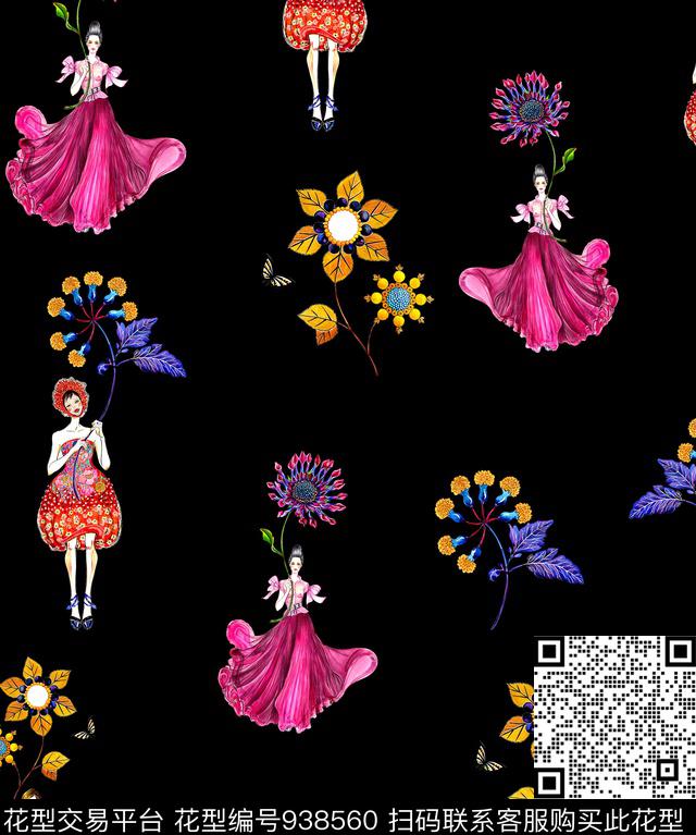 人物花卉抽象另类手绘花卉数码印花华亿平台下载（图片编号: 938560） - 瓦栏（Walan）