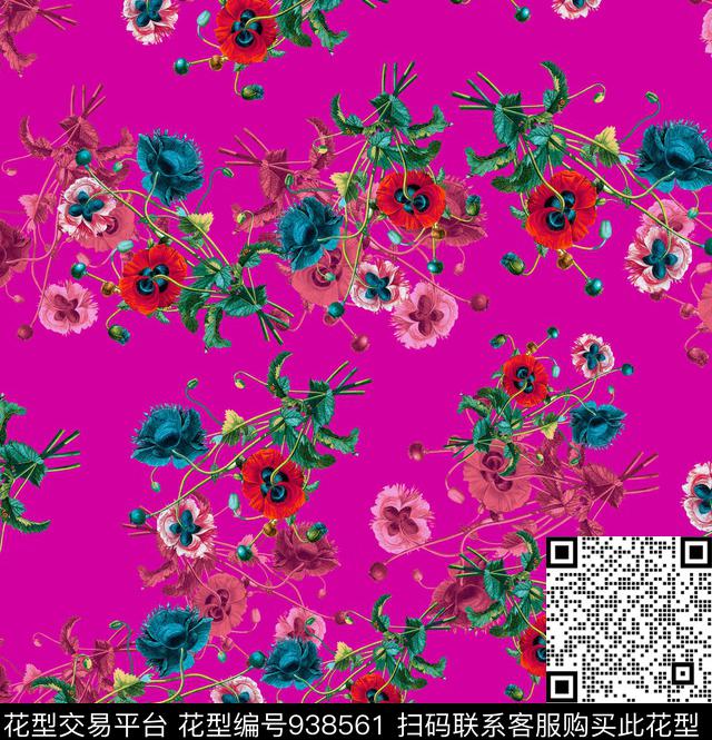 手绘花卉虞美人花卉数码印花华亿平台下载（图片编号: 938561） - 瓦栏（Walan）