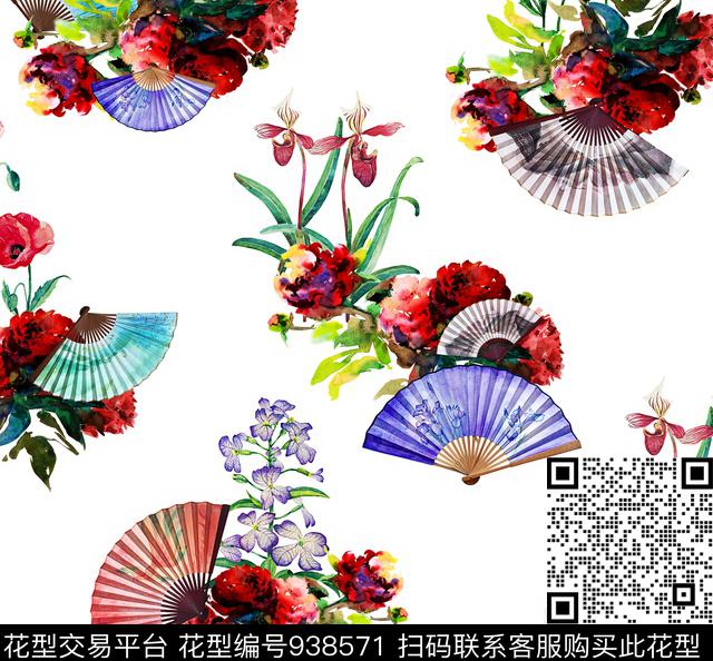 水彩花卉花卉扇子数码印花华亿平台下载（图片编号: 938571） - 瓦栏（Walan）