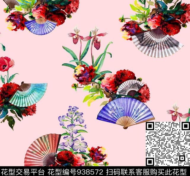 水彩花卉花卉扇子数码印花华亿平台下载（图片编号: 938572） - 瓦栏（Walan）
