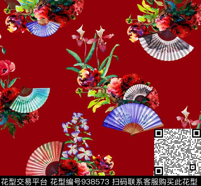 水彩花卉花卉扇子数码印花华亿平台下载（图片编号: 938573） - 瓦栏（Walan）