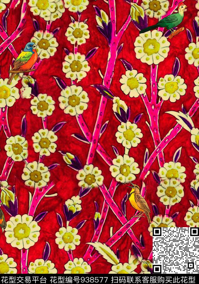 花卉花鸟复古数码印花华亿平台下载（图片编号: 938577） - 瓦栏（Walan）