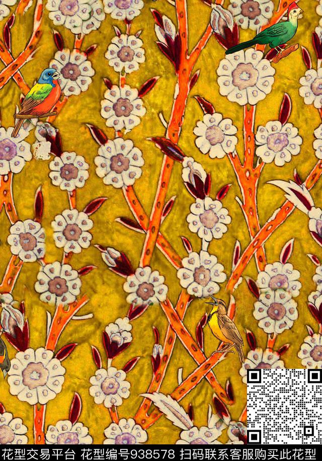 花卉花鸟复古数码印花华亿平台下载（图片编号: 938578） - 瓦栏（Walan）