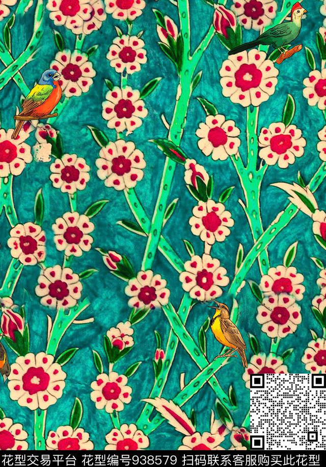 花卉花鸟复古数码印花华亿平台下载（图片编号: 938579） - 瓦栏（Walan）