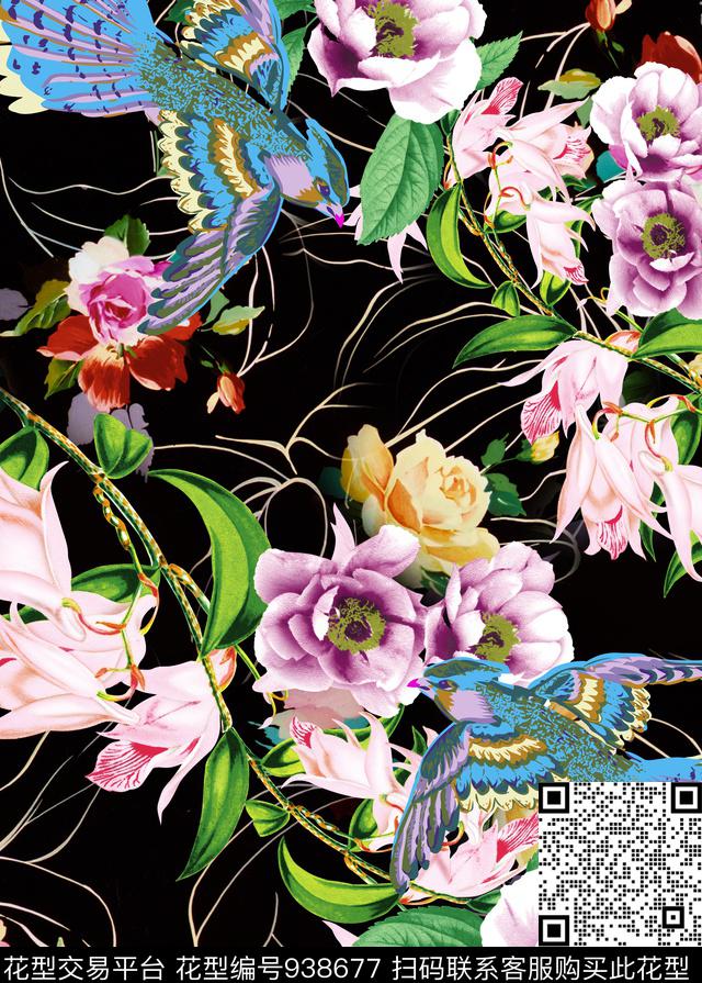 格子混合拼接玫瑰花数码印花华亿平台下载（图片编号: 938677） - 瓦栏（Walan）