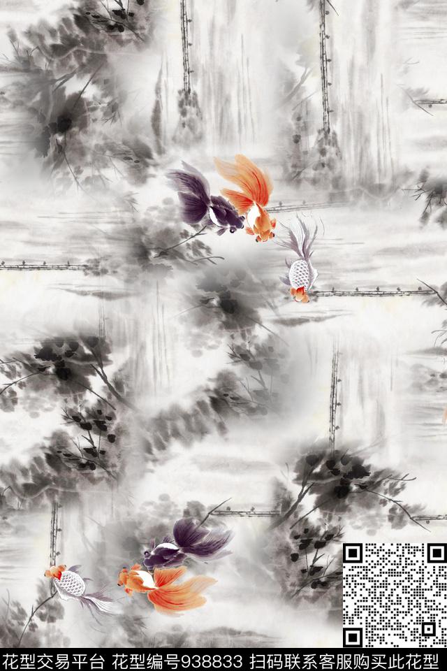 素雅水墨风手绘花卉数码印花华亿平台下载（图片编号: 938833） - 瓦栏（Walan）