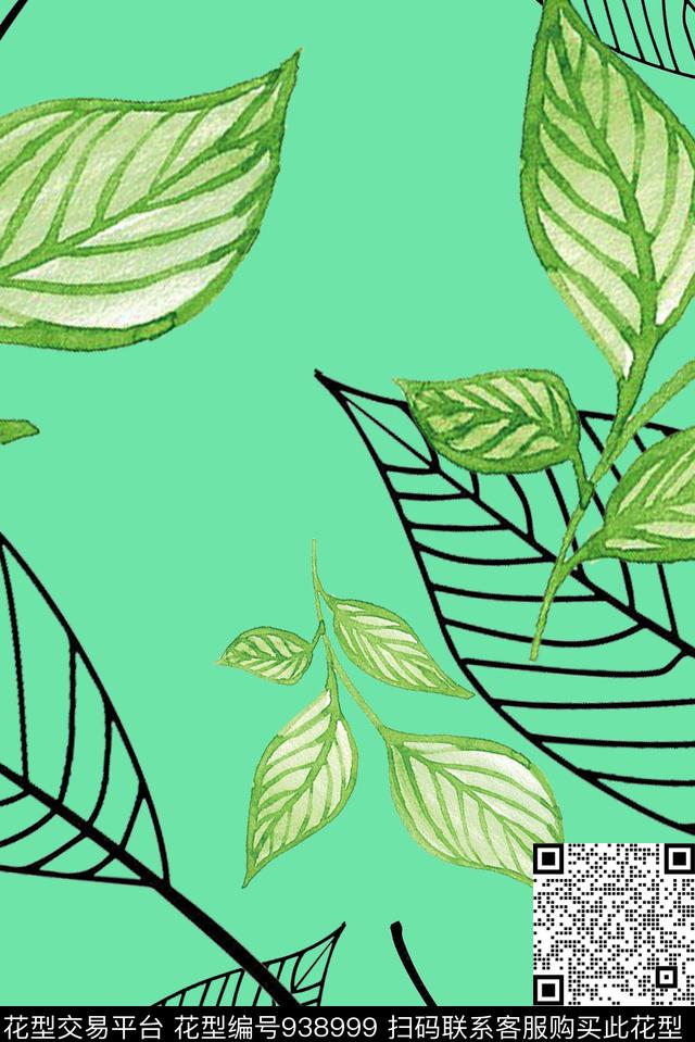 绿植树叶简约大牌风数码印花华亿平台下载（图片编号: 938999） - 瓦栏（Walan）