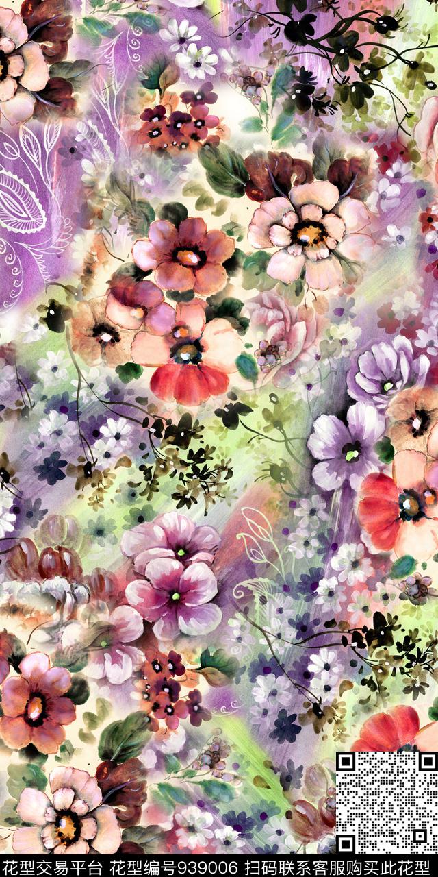 手绘花卉抽象小碎花数码印花华亿平台下载（图片编号: 939006） - 瓦栏（Walan）