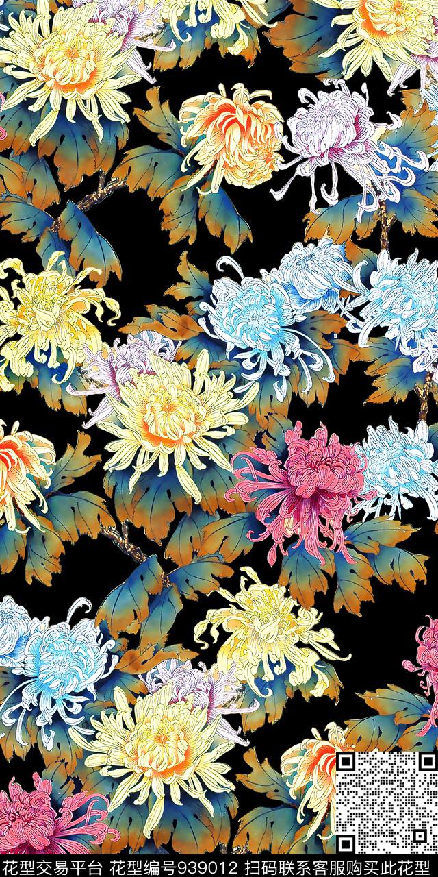 菊花花卉国画数码印花华亿平台下载（图片编号: 939012） - 瓦栏（Walan）