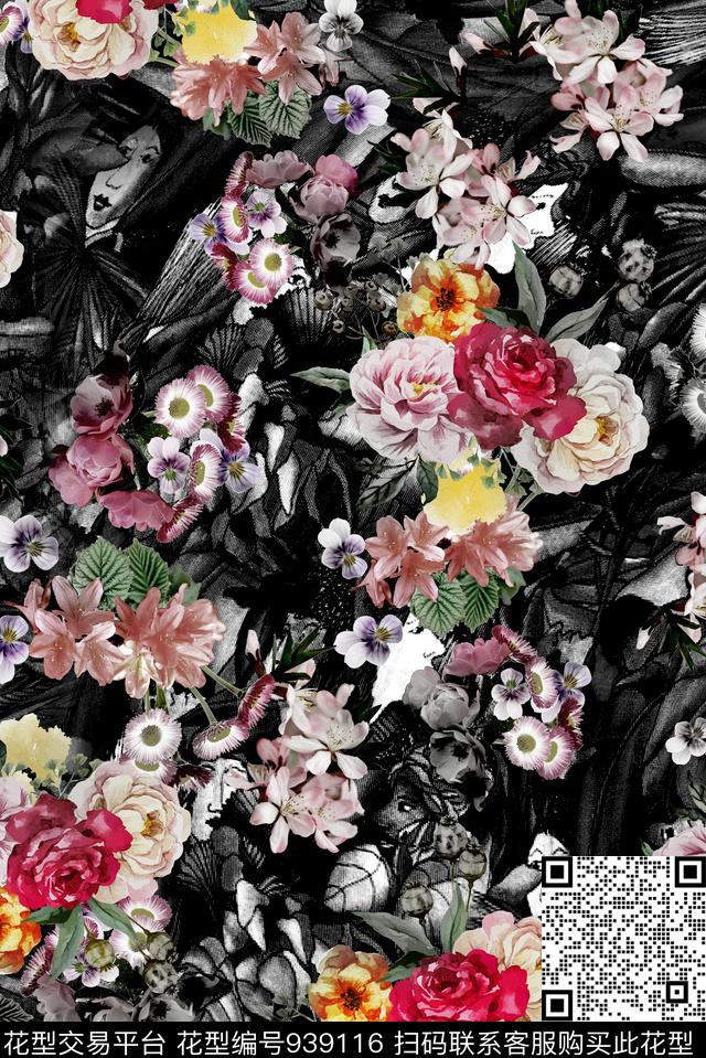 黑底花卉3D立体花卉数码印花华亿平台下载（图片编号: 939116） - 瓦栏（Walan）