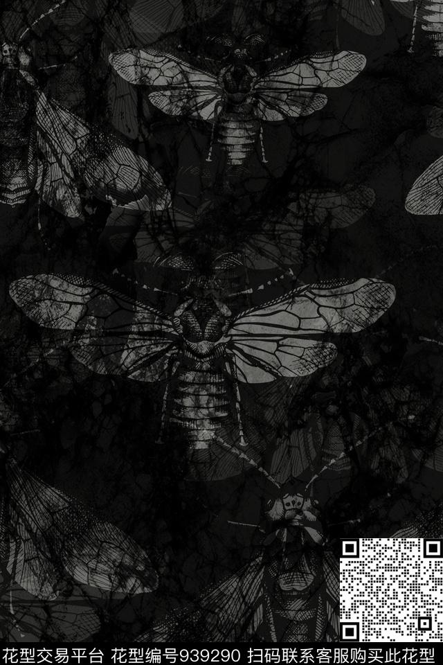 黑底花卉肌理男装数码印花华亿平台下载（图片编号: 939290） - 瓦栏（Walan）