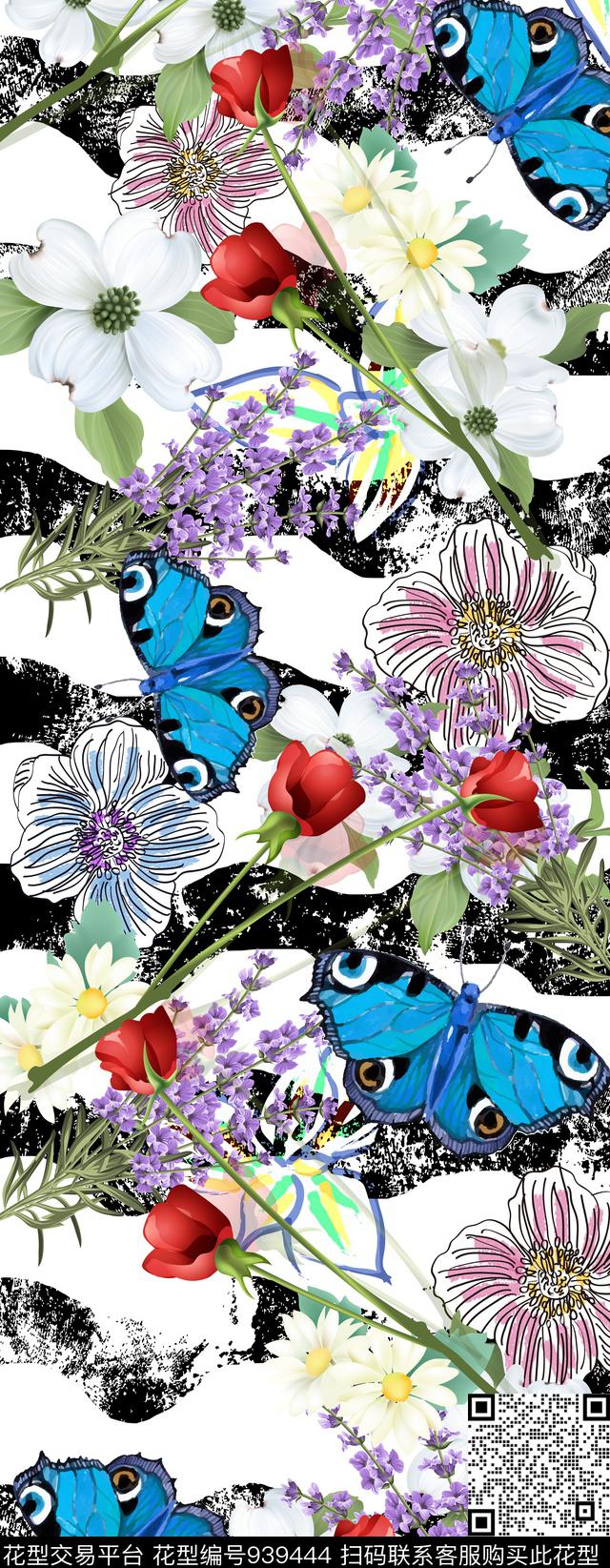 花卉长巾蝴蝶数码印花华亿平台下载（图片编号: 939444） - 瓦栏（Walan）
