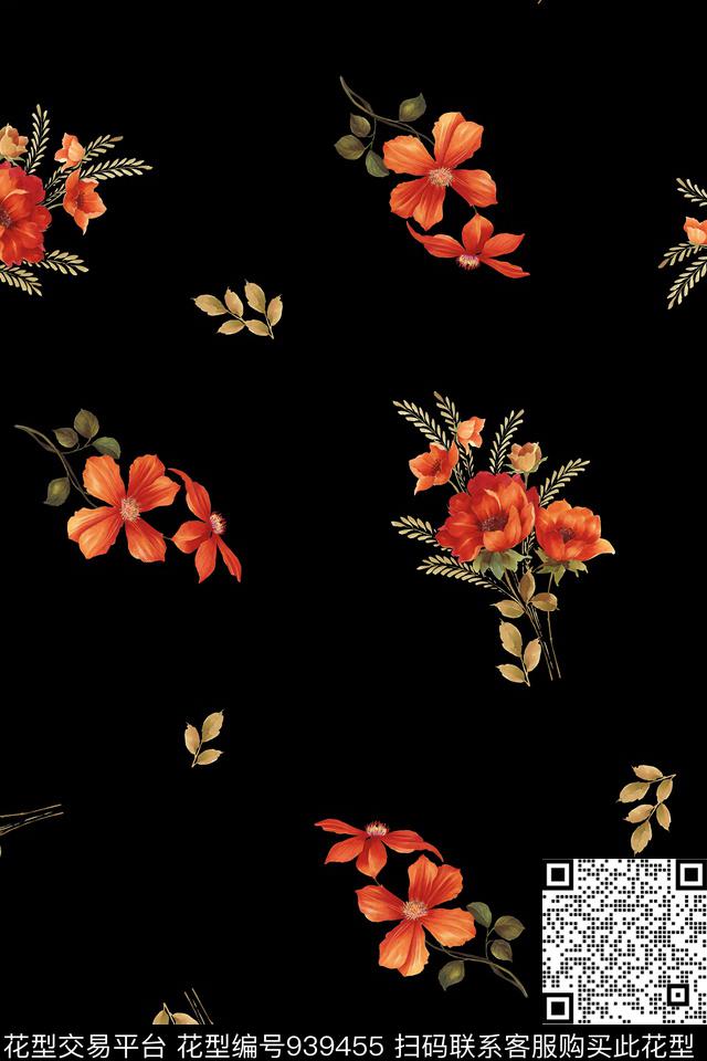 手绘花卉黑底花卉花卉数码印花华亿平台下载（图片编号: 939455） - 瓦栏（Walan）