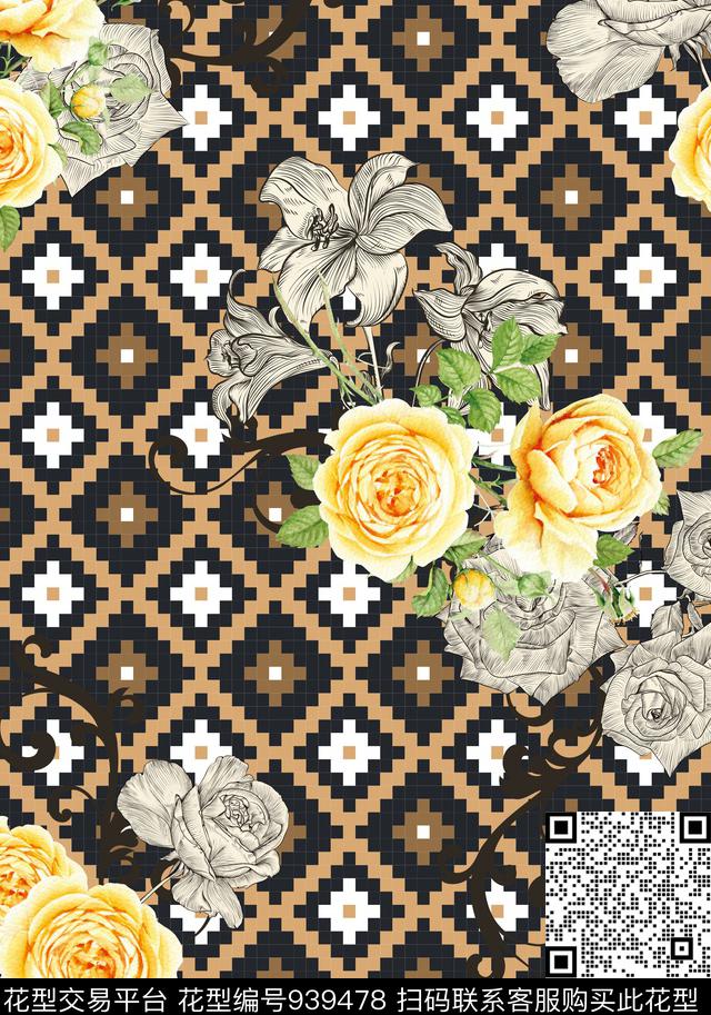 格子卷草牡丹数码印花华亿平台下载（图片编号: 939478） - 瓦栏（Walan）
