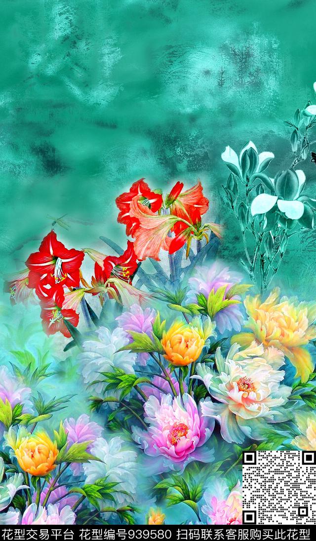 牡丹花卉中国风数码印花华亿平台下载（图片编号: 939580） - 瓦栏（Walan）