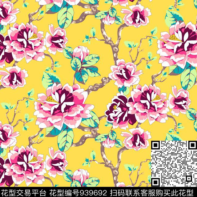 花卉绿植树叶手绘大花传统印花华亿平台下载（图片编号: 939692） - 瓦栏（Walan）