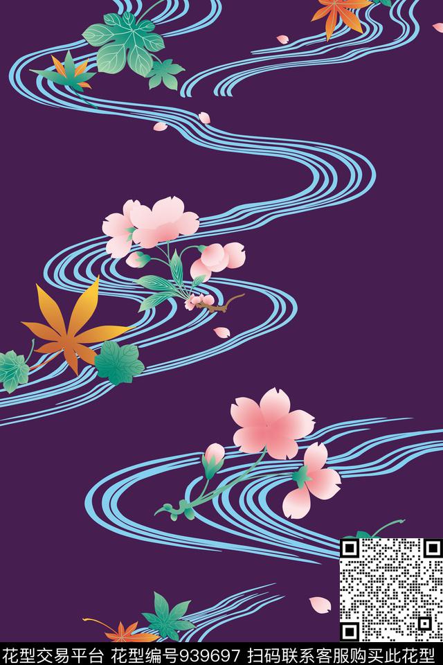 手绘花卉中国风定位花流水数码印花华亿平台下载（图片编号: 939697） - 瓦栏（Walan）