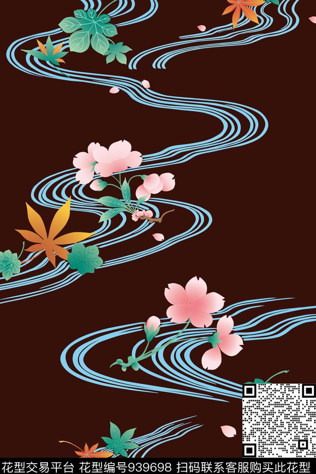 手绘花卉中国风定位花流水数码印花华亿平台下载（图片编号: 939698） - 瓦栏（Walan）