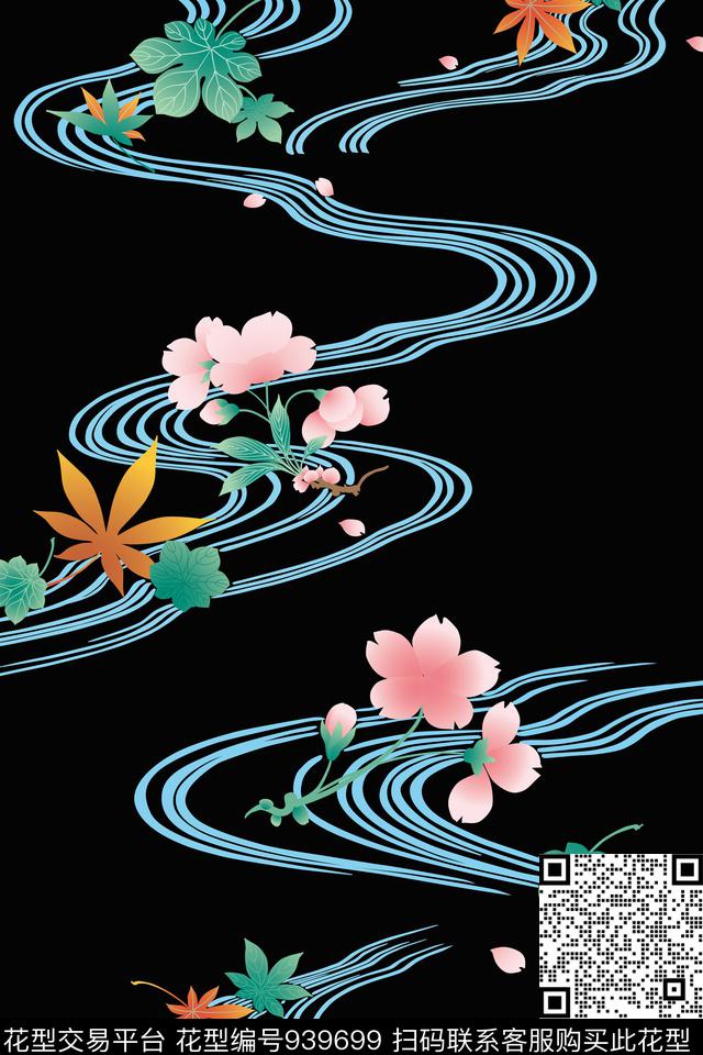 手绘花卉中国风定位花流水数码印花华亿平台下载（图片编号: 939699） - 瓦栏（Walan）
