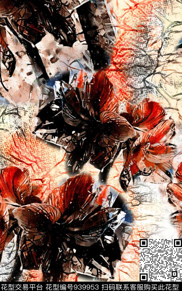 中国风抽象花卉数码印花华亿平台下载（图片编号: 939953） - 瓦栏（Walan）