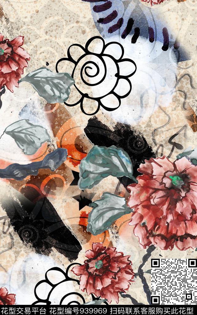 抽象花卉中国风数码印花华亿平台下载（图片编号: 939969） - 瓦栏（Walan）