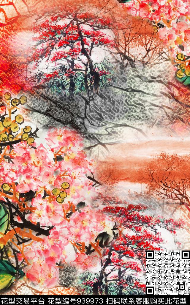 抽象花卉中国风数码印花华亿平台下载（图片编号: 939973） - 瓦栏（Walan）
