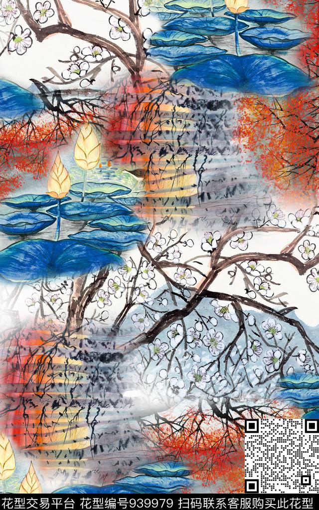 抽象花卉中国风数码印花华亿平台下载（图片编号: 939979） - 瓦栏（Walan）