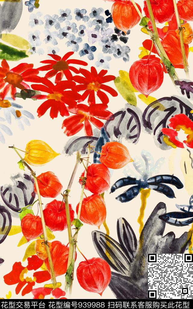 手绘花卉抽象几何数码印花华亿平台下载（图片编号: 939988） - 瓦栏（Walan）
