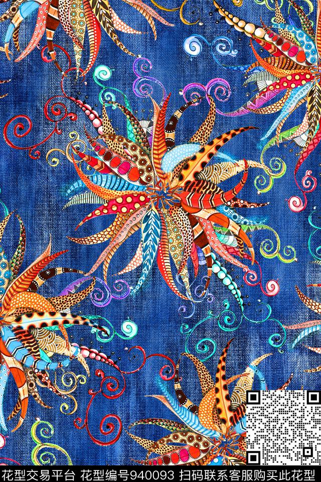 趣味羽毛花卉数码印花华亿平台下载（图片编号: 940093） - 瓦栏（Walan）